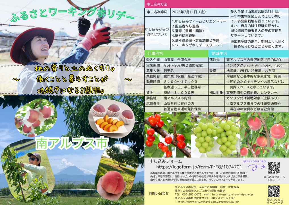 南アルプス市ふるさとワーキングホリデーチラシ