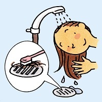 風呂場の排水溝にたまった髪の毛を取り除いているイラスト